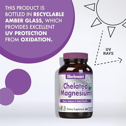 Bluebonnet Nutrition Albion Chelated Magnesium Kapseln, 200 mg, Stress Relief, Vegan, Non-GMO, Glutenfrei, Sojafrei, Milchfrei, Koscher, 60 Kapseln, 1 Monatsvorrat