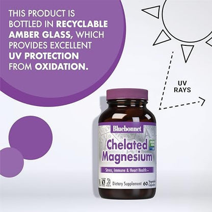 Bluebonnet Nutrition Albion Chelated Magnesium Kapseln, 200 mg, Stress Relief, Vegan, Non-GMO, Glutenfrei, Sojafrei, Milchfrei, Koscher, 60 Kapseln, 1 Monatsvorrat