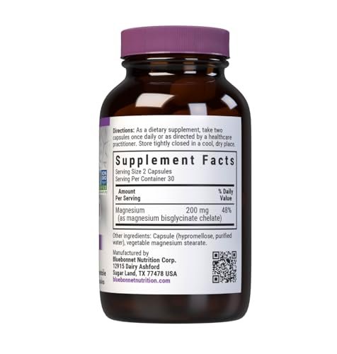 Bluebonnet Nutrition Albion Chelated Magnesium Kapseln, 200 mg, Stress Relief, Vegan, Non-GMO, Glutenfrei, Sojafrei, Milchfrei, Koscher, 60 Kapseln, 1 Monatsvorrat