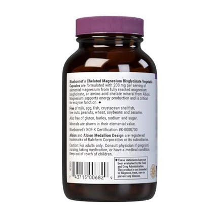 Bluebonnet Nutrition Albion Chelated Magnesium Kapseln, 200 mg, Stress Relief, Vegan, Non-GMO, Glutenfrei, Sojafrei, Milchfrei, Koscher, 60 Kapseln, 1 Monatsvorrat