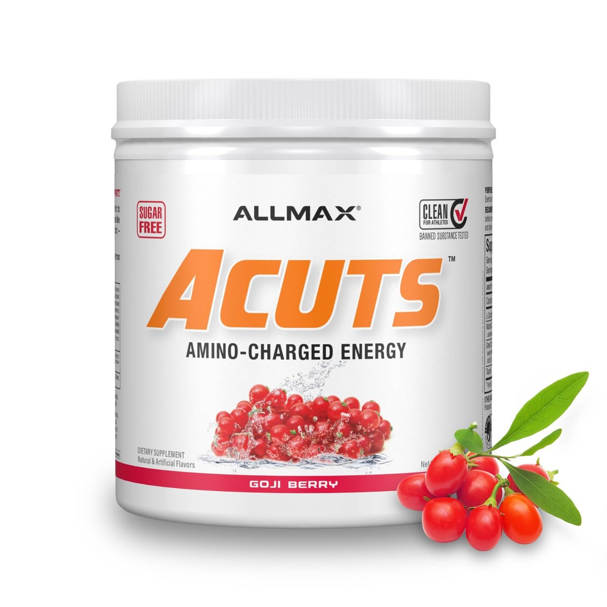 ALLMAX ACUTS Amino Energy Pulver – Goji Beere, 30 Portionen, Koffein, Grüner Kaffee-Extrakt, 2000 mg Taurin, L-Carnitin, Zuckerfrei, Gluten- & Farbstofffrei, Aminosäure-Getränk