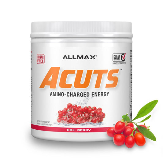 ALLMAX ACUTS Amino Energy Pulver – Goji Beere, 30 Portionen, Koffein, Grüner Kaffee-Extrakt, 2000 mg Taurin, L-Carnitin, Zuckerfrei, Gluten- & Farbstofffrei, Aminosäure-Getränk
