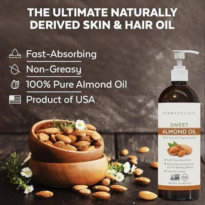 Viva Naturals Süßmandelöl, 473 ml – Haut- und Haarpflege, Massageöl, Trägeröl für ätherische Öle, nicht fettend & rein