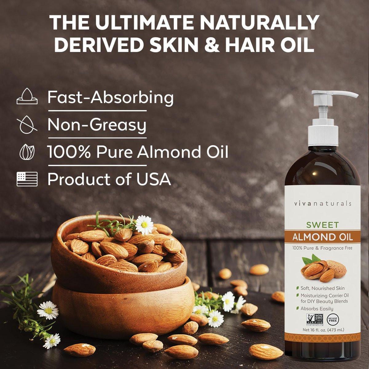 Viva Naturals Süßmandelöl, 473 ml – Haut- und Haarpflege, Massageöl, Trägeröl für ätherische Öle, nicht fettend & rein