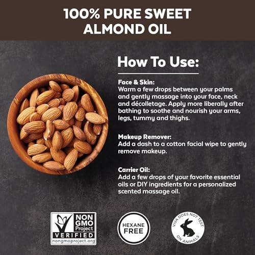 Viva Naturals Süßmandelöl, 473 ml – Haut- und Haarpflege, Massageöl, Trägeröl für ätherische Öle, nicht fettend & rein