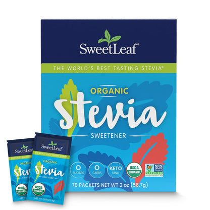 SweetLeaf Organic Stevia Pulver-Päckchen – Null Kalorien Süßstoff mit Stevia-Blatt-Extrakt, ohne künstliche Süßstoffe, zuckerfrei, keto-freundlich, nicht-GVO, glutenfrei – 70 Päckchen (Packung mit 1)