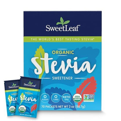 SweetLeaf Organic Stevia Pulver-Päckchen – Null Kalorien Süßstoff mit Stevia-Blatt-Extrakt, ohne künstliche Süßstoffe, zuckerfrei, keto-freundlich, nicht-GVO, glutenfrei – 70 Päckchen (Packung mit 1)
