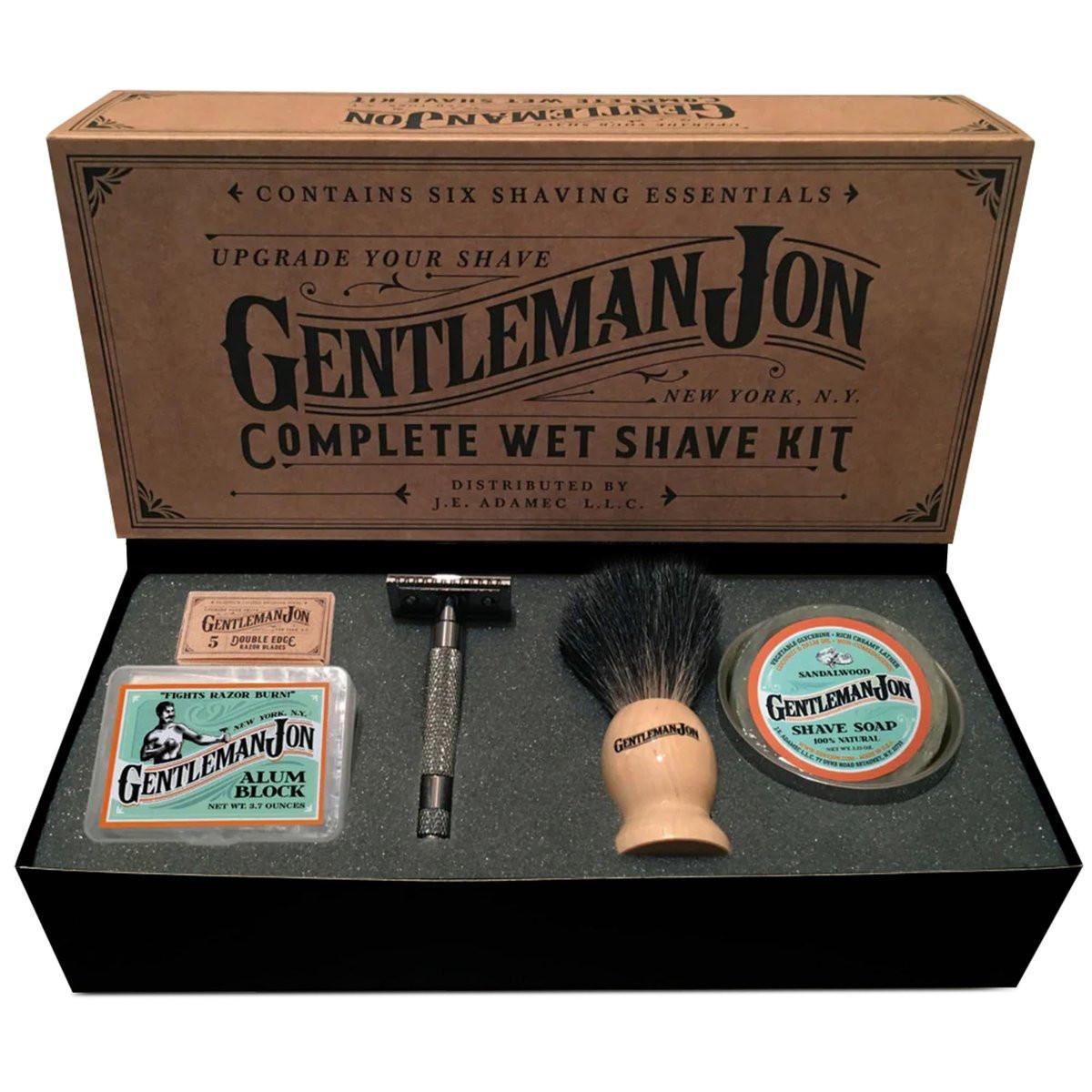 Gentleman Jon Rasier-Set für Nassrasur – Vintage Herrenpflegeset mit Sicherheitsrasierer, Dachshaarpinsel, Alaunblock, Rasierseife, Edelstahlschale und Doppelklingen