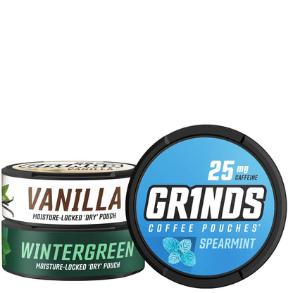 Grinds Coffee Pouches | 3-Dosen Probierpaket | Wintergreen, Spearmint, Vanille | 1 Beutel entspricht 1/4 Tasse Kaffee (3er Probierpaket)