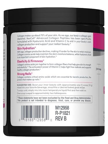 NeoCell Kollagenpeptide Pulver | 6,9 oz | Ungesüßtes Nahrungsergänzungsmittel mit Vitamin C und Hyaluronsäure | Fortschrittliche Formel | Für Haare, Haut & Nägel | Für Frauen und Männer