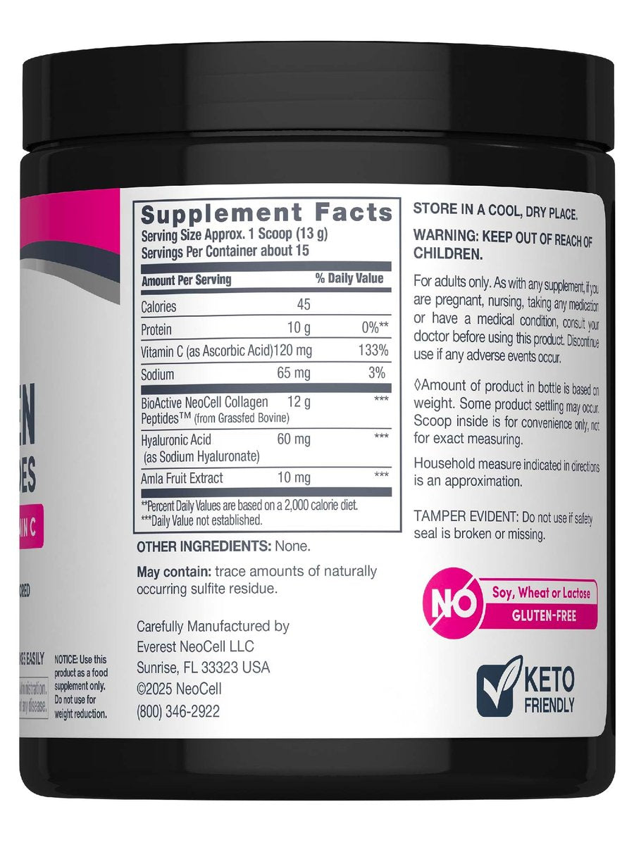 NeoCell Kollagenpeptide Pulver | 6,9 oz | Ungesüßtes Nahrungsergänzungsmittel mit Vitamin C und Hyaluronsäure | Fortschrittliche Formel | Für Haare, Haut & Nägel | Für Frauen und Männer
