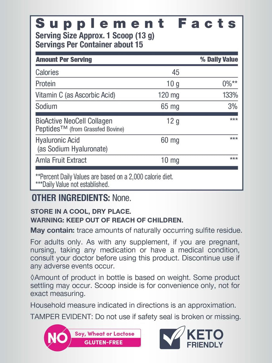 NeoCell Kollagenpeptide Pulver | 6,9 oz | Ungesüßtes Nahrungsergänzungsmittel mit Vitamin C und Hyaluronsäure | Fortschrittliche Formel | Für Haare, Haut & Nägel | Für Frauen und Männer