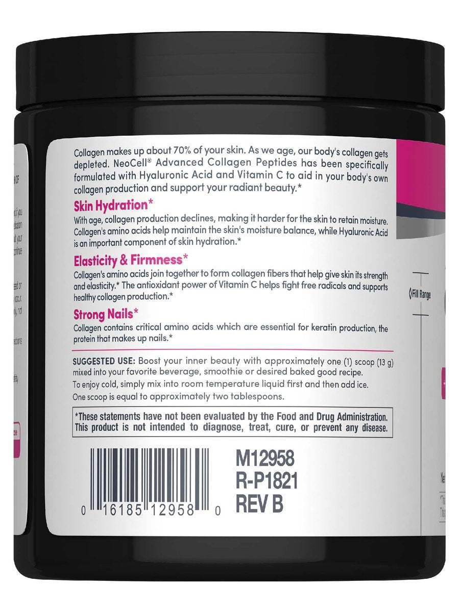 NeoCell Kollagenpeptide Pulver | 6,9 oz | Ungesüßtes Nahrungsergänzungsmittel mit Vitamin C und Hyaluronsäure | Fortschrittliche Formel | Für Haare, Haut & Nägel | Für Frauen und Männer