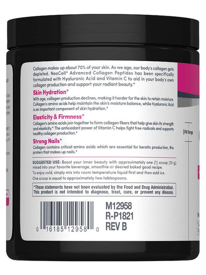 NeoCell Kollagenpeptide Pulver | 6,9 oz | Ungesüßtes Nahrungsergänzungsmittel mit Vitamin C und Hyaluronsäure | Fortschrittliche Formel | Für Haare, Haut & Nägel | Für Frauen und Männer