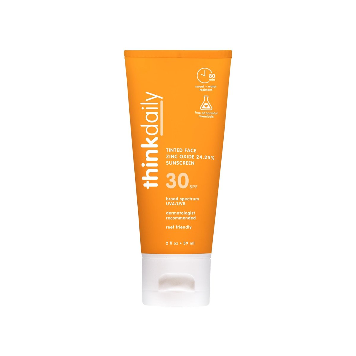 Thinkdaily SPF 30 Tönungssonnencreme für das Gesicht mit Zinkoxid, 2 Oz – Sicher, natürlich, wasserfest, riffschonend, für alle Hauttöne, Breitspektrum UVA/UVB Sonnenschutz