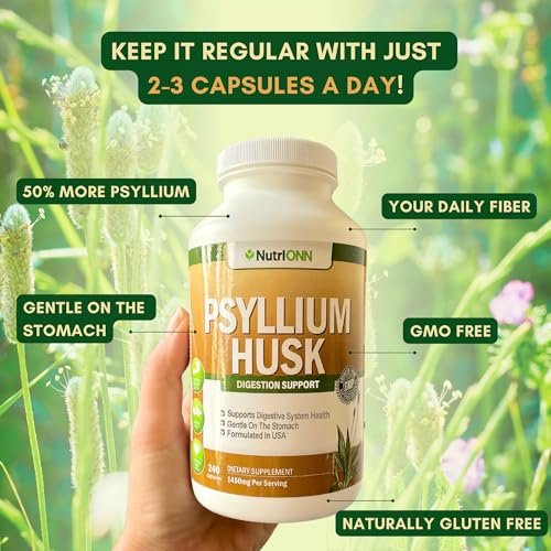 NutriONN PSYLLIUM Husk Kapseln - 1450 mg pro Portion - 240 Kapseln - Doppelte Stärke - Hochwertiges Psyllium-Faser-Ergänzungsmittel - Ideal für Verdauung und Regelmäßigkeit - 100 % natürliche lösliche Ballaststoffe
