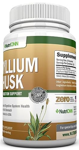 NutriONN PSYLLIUM Husk Kapseln - 1450 mg pro Portion - 240 Kapseln - Doppelte Stärke - Hochwertiges Psyllium-Faser-Ergänzungsmittel - Ideal für Verdauung und Regelmäßigkeit - 100 % natürliche lösliche Ballaststoffe