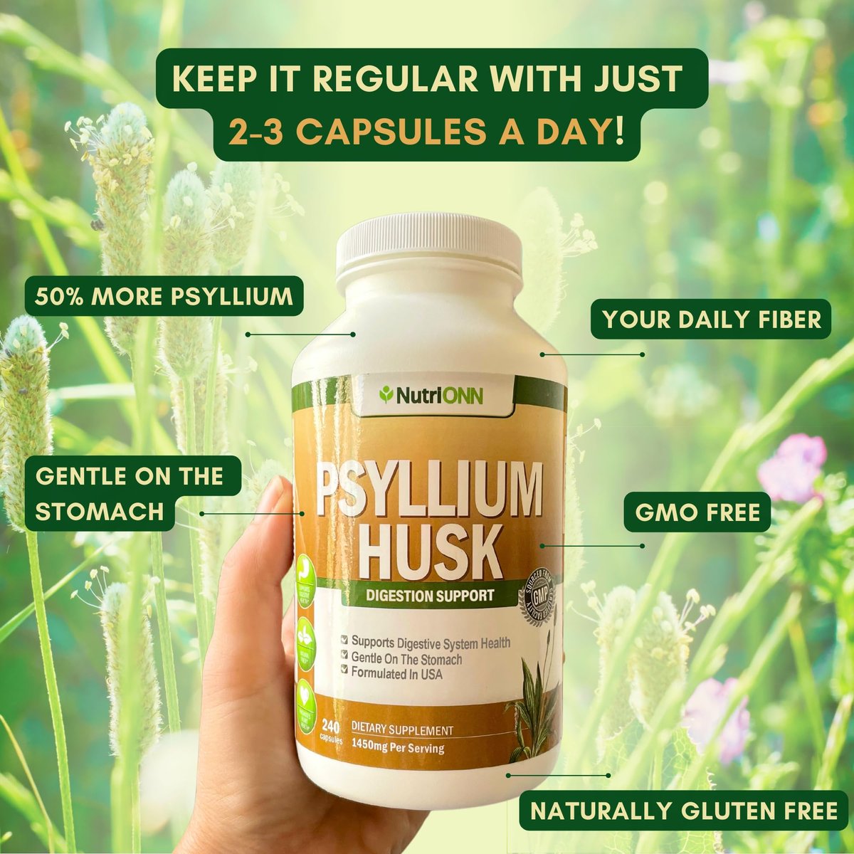 NutriONN PSYLLIUM Husk Kapseln - 1450 mg pro Portion - 240 Kapseln - Doppelte Stärke - Hochwertiges Psyllium-Faser-Ergänzungsmittel - Ideal für Verdauung und Regelmäßigkeit - 100 % natürliche lösliche Ballaststoffe