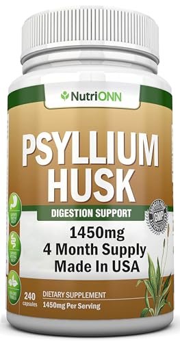 NutriONN PSYLLIUM Husk Kapseln - 1450 mg pro Portion - 240 Kapseln - Doppelte Stärke - Hochwertiges Psyllium-Faser-Ergänzungsmittel - Ideal für Verdauung und Regelmäßigkeit - 100 % natürliche lösliche Ballaststoffe