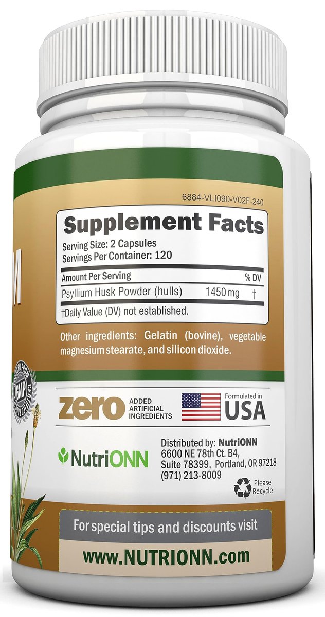 NutriONN PSYLLIUM Husk Kapseln - 1450 mg pro Portion - 240 Kapseln - Doppelte Stärke - Hochwertiges Psyllium-Faser-Ergänzungsmittel - Ideal für Verdauung und Regelmäßigkeit - 100 % natürliche lösliche Ballaststoffe