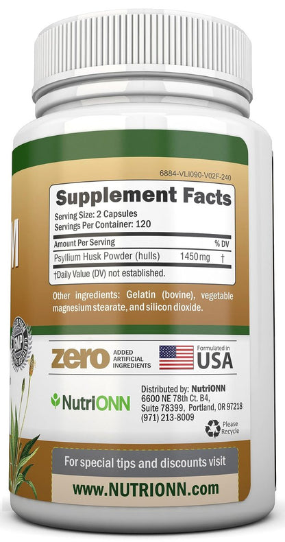 NutriONN PSYLLIUM Husk Kapseln - 1450 mg pro Portion - 240 Kapseln - Doppelte Stärke - Hochwertiges Psyllium-Faser-Ergänzungsmittel - Ideal für Verdauung und Regelmäßigkeit - 100 % natürliche lösliche Ballaststoffe