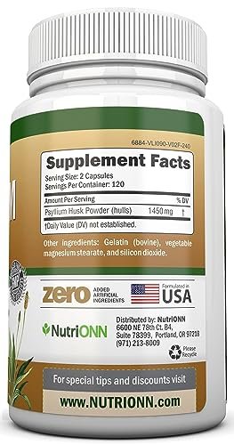 NutriONN PSYLLIUM Husk Kapseln - 1450 mg pro Portion - 240 Kapseln - Doppelte Stärke - Hochwertiges Psyllium-Faser-Ergänzungsmittel - Ideal für Verdauung und Regelmäßigkeit - 100 % natürliche lösliche Ballaststoffe