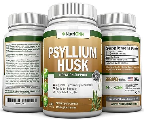 NutriONN PSYLLIUM Husk Kapseln - 1450 mg pro Portion - 240 Kapseln - Doppelte Stärke - Hochwertiges Psyllium-Faser-Ergänzungsmittel - Ideal für Verdauung und Regelmäßigkeit - 100 % natürliche lösliche Ballaststoffe