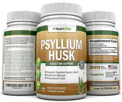 NutriONN PSYLLIUM Husk Kapseln - 1450 mg pro Portion - 240 Kapseln - Doppelte Stärke - Hochwertiges Psyllium-Faser-Ergänzungsmittel - Ideal für Verdauung und Regelmäßigkeit - 100 % natürliche lösliche Ballaststoffe