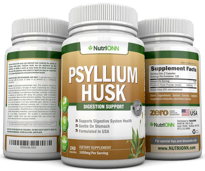 NutriONN PSYLLIUM Husk Kapseln - 1450 mg pro Portion - 240 Kapseln - Doppelte Stärke - Hochwertiges Psyllium-Faser-Ergänzungsmittel - Ideal für Verdauung und Regelmäßigkeit - 100 % natürliche lösliche Ballaststoffe