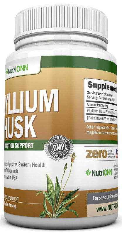 NutriONN PSYLLIUM Husk Kapseln - 1450 mg pro Portion - 240 Kapseln - Doppelte Stärke - Hochwertiges Psyllium-Faser-Ergänzungsmittel - Ideal für Verdauung und Regelmäßigkeit - 100 % natürliche lösliche Ballaststoffe