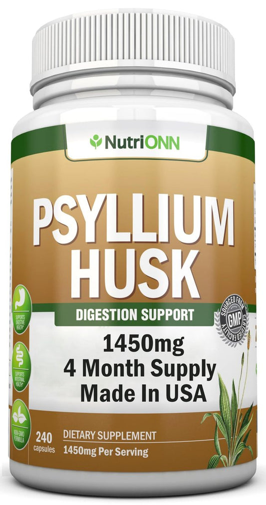 NutriONN PSYLLIUM Husk Kapseln - 1450 mg pro Portion - 240 Kapseln - Doppelte Stärke - Hochwertiges Psyllium-Faser-Ergänzungsmittel - Ideal für Verdauung und Regelmäßigkeit - 100 % natürliche lösliche Ballaststoffe