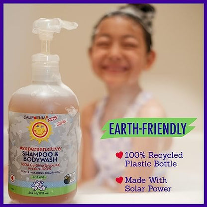 California Baby Shampoo + Body Wash | Super Sensitive Unscented | Sanfte Kinderpflege für Kids + Teens | 100% pflanzlich | Hypoallergen | 8,5 oz