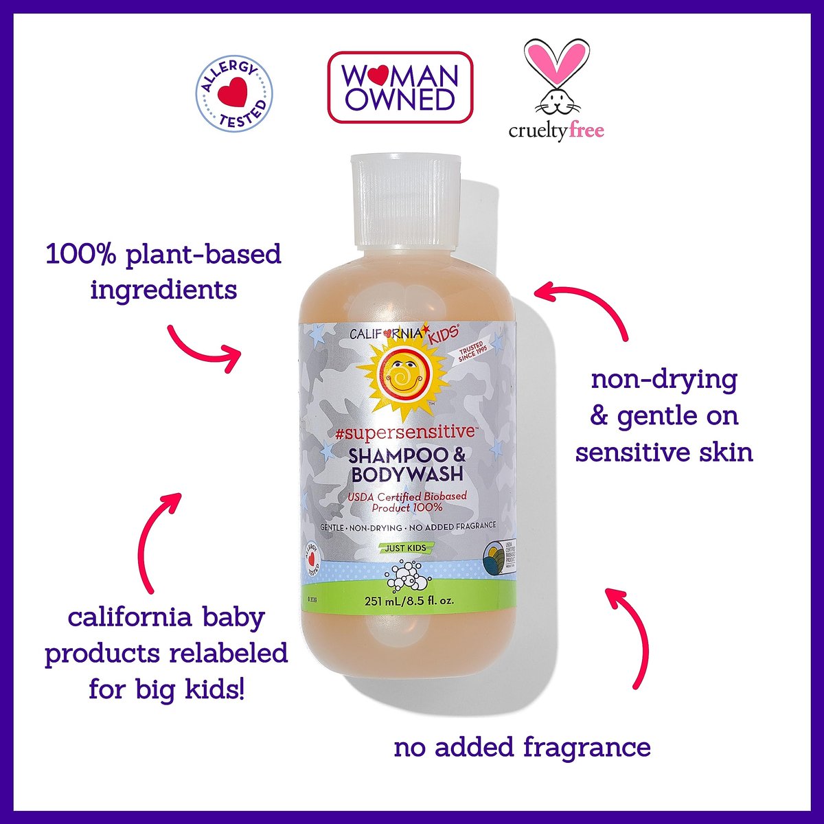 California Baby Shampoo + Body Wash | Super Sensitive Unscented | Sanfte Kinderpflege für Kids + Teens | 100% pflanzlich | Hypoallergen | 8,5 oz