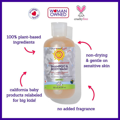 California Baby Shampoo + Body Wash | Super Sensitive Unscented | Sanfte Kinderpflege für Kids + Teens | 100% pflanzlich | Hypoallergen | 8,5 oz