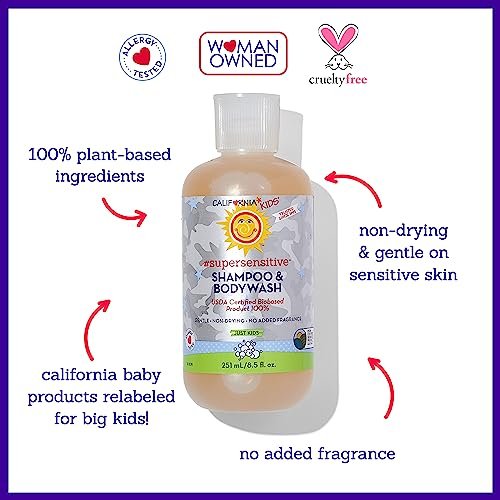 California Baby Shampoo + Body Wash | Super Sensitive Unscented | Sanfte Kinderpflege für Kids + Teens | 100% pflanzlich | Hypoallergen | 8,5 oz