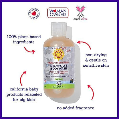 California Baby Shampoo + Body Wash | Super Sensitive Unscented | Sanfte Kinderpflege für Kids + Teens | 100% pflanzlich | Hypoallergen | 8,5 oz