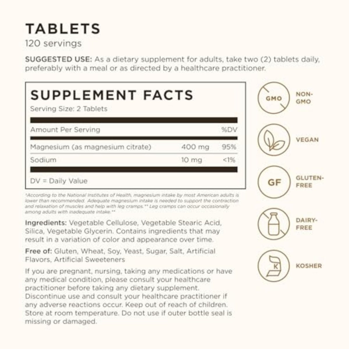 Solgar Magnesiumcitrat, 120 Tabletten – Fördert gesunde Knochen & unterstützt Nerven- und Muskelfunktion – Non GMO, Vegan, Glutenfrei, Laktosefrei, Koscher – 60 Portionen