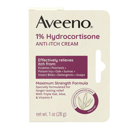 Aveeno Maximum Strength 1% Hydrocortison Anti-Juckreiz Creme mit Triple Oat, Aloe & Vitamin E – Linderung bei Ekzemen, Psoriasis, Insektenstichen, Giftefeu, Gifteiche & Waschmitteln, 28 g