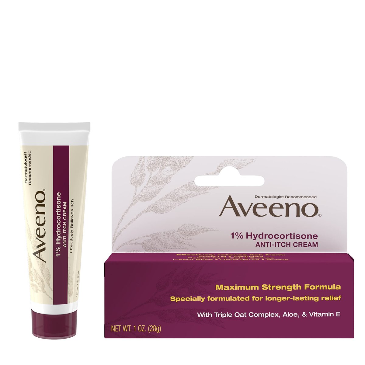 Aveeno Maximum Strength 1% Hydrocortison Anti-Juckreiz Creme mit Triple Oat, Aloe & Vitamin E – Linderung bei Ekzemen, Psoriasis, Insektenstichen, Giftefeu, Gifteiche & Waschmitteln, 28 g