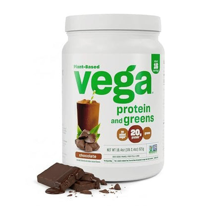 Vega Premium Protein + Supergreens, Schokolade – 20g veganes Protein, laktose- & glutenfrei, 544 g (16 Portionen)