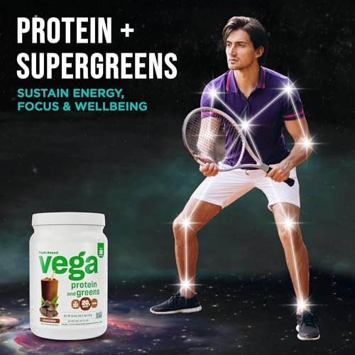 Vega Premium Protein + Supergreens, Schokolade – 20g veganes Protein, laktose- & glutenfrei, 544 g (16 Portionen)