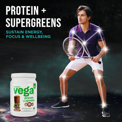 Vega Premium Protein + Supergreens, Schokolade – 20g veganes Protein, laktose- & glutenfrei, 544 g (16 Portionen)