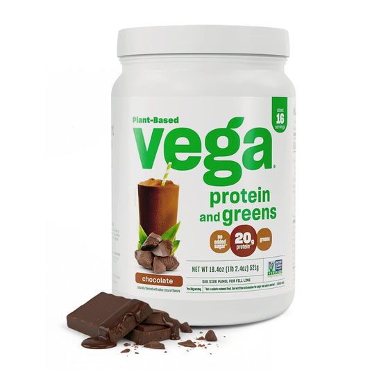 Vega Premium Protein + Supergreens, Schokolade – 20g veganes Protein, laktose- & glutenfrei, 544 g (16 Portionen)
