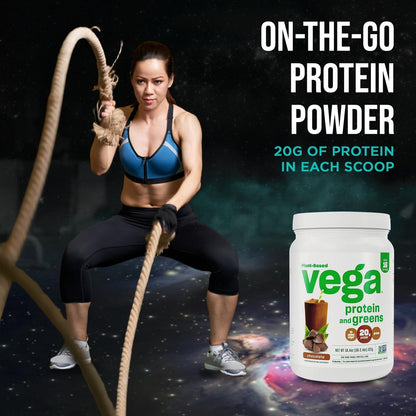 Vega Premium Protein + Supergreens, Schokolade – 20g veganes Protein, laktose- & glutenfrei, 544 g (16 Portionen)