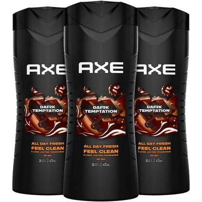 AXE Men's Duschgel Dark Temptation, 3er-Pack, 12 Stunden erfrischender Schokoladenduft, 16 Fl Oz pro Flasche