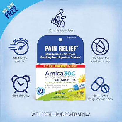 Boiron Arnica Montana 30C Homöopathisches Arzneimittel zur Linderung von Muskelschmerzen, Muskelsteifheit, Schwellungen nach Verletzungen und Verfärbungen durch Blutergüsse – 3er-Pack (240 Kügelchen)