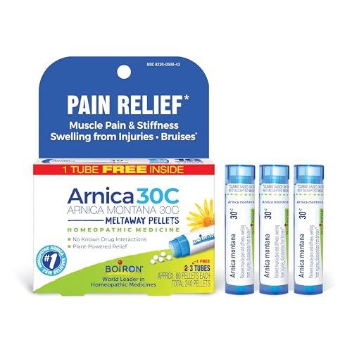 Boiron Arnica Montana 30C Homöopathisches Arzneimittel zur Linderung von Muskelschmerzen, Muskelsteifheit, Schwellungen nach Verletzungen und Verfärbungen durch Blutergüsse – 3er-Pack (240 Kügelchen)