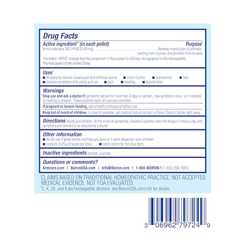 Boiron Arnica Montana 30C Homöopathisches Arzneimittel zur Linderung von Muskelschmerzen, Muskelsteifheit, Schwellungen nach Verletzungen und Verfärbungen durch Blutergüsse – 3er-Pack (240 Kügelchen)