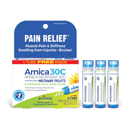 Boiron Arnica Montana 30C Homöopathisches Arzneimittel zur Linderung von Muskelschmerzen, Muskelsteifheit, Schwellungen nach Verletzungen und Verfärbungen durch Blutergüsse – 3er-Pack (240 Kügelchen)