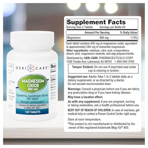 GeriCare Magnesiumoxid-Präparat – 240 mg elementares Magnesium, 120 Tabletten, essentieller Mineralstoff zur Unterstützung der Gefäßgesundheit, Knochenstärke und Muskelfunktion (3er-Pack)